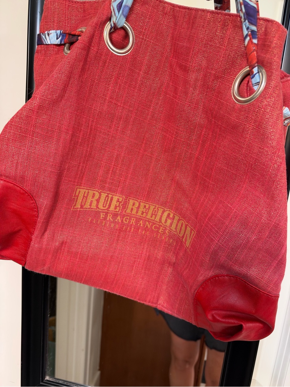 True Religion Red Tote with Patterned Tie Handles